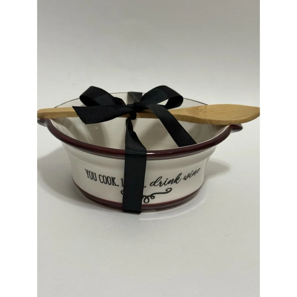 Appetizer Ceramic Bowl‎ Bake Serve Wooden Spoon Good Food/Good Wine/Good Friends